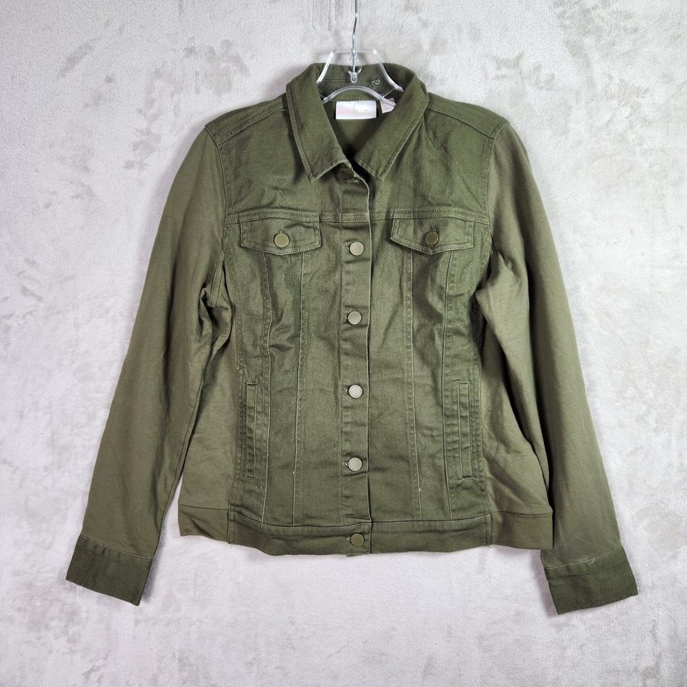 Belle by Kim Gravel Twill Jacket Womens XS Olive Green Knit Back Sleeves A606112